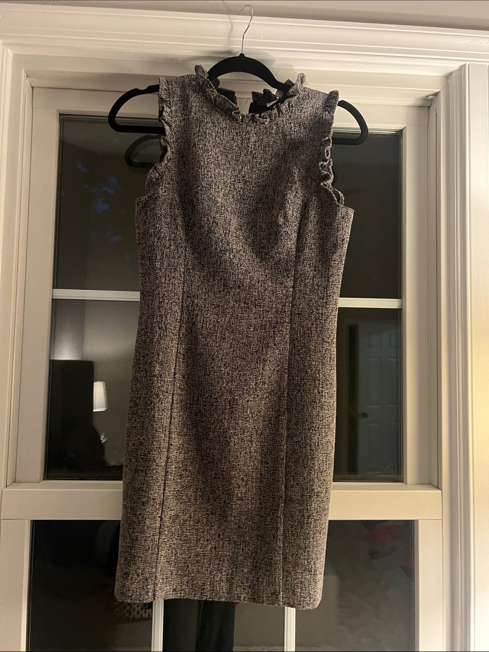 LOFT Gray Tweed Ruffle-Neck Sheath Dress